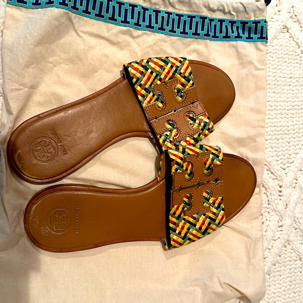 Tory Burch Shoes | Tory Burch Ines Brown Multicolor Raffia Leather Slide